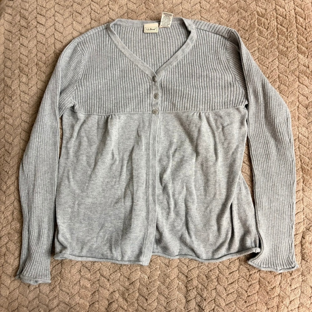 LL Bean Cardigan Sweater Size L 14-16 Girls Gray Ribbed Knit Cotton Preppy